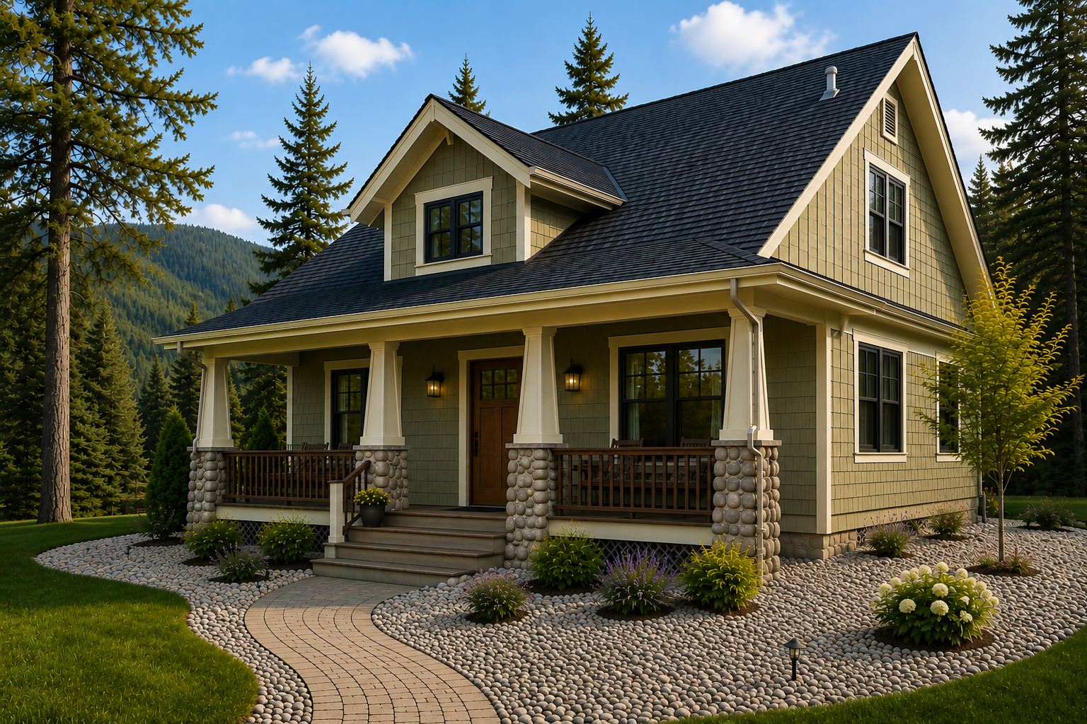 OSHS CPR base layer illustration of a home with its foundation, river-rock area, roof, and surrounding property