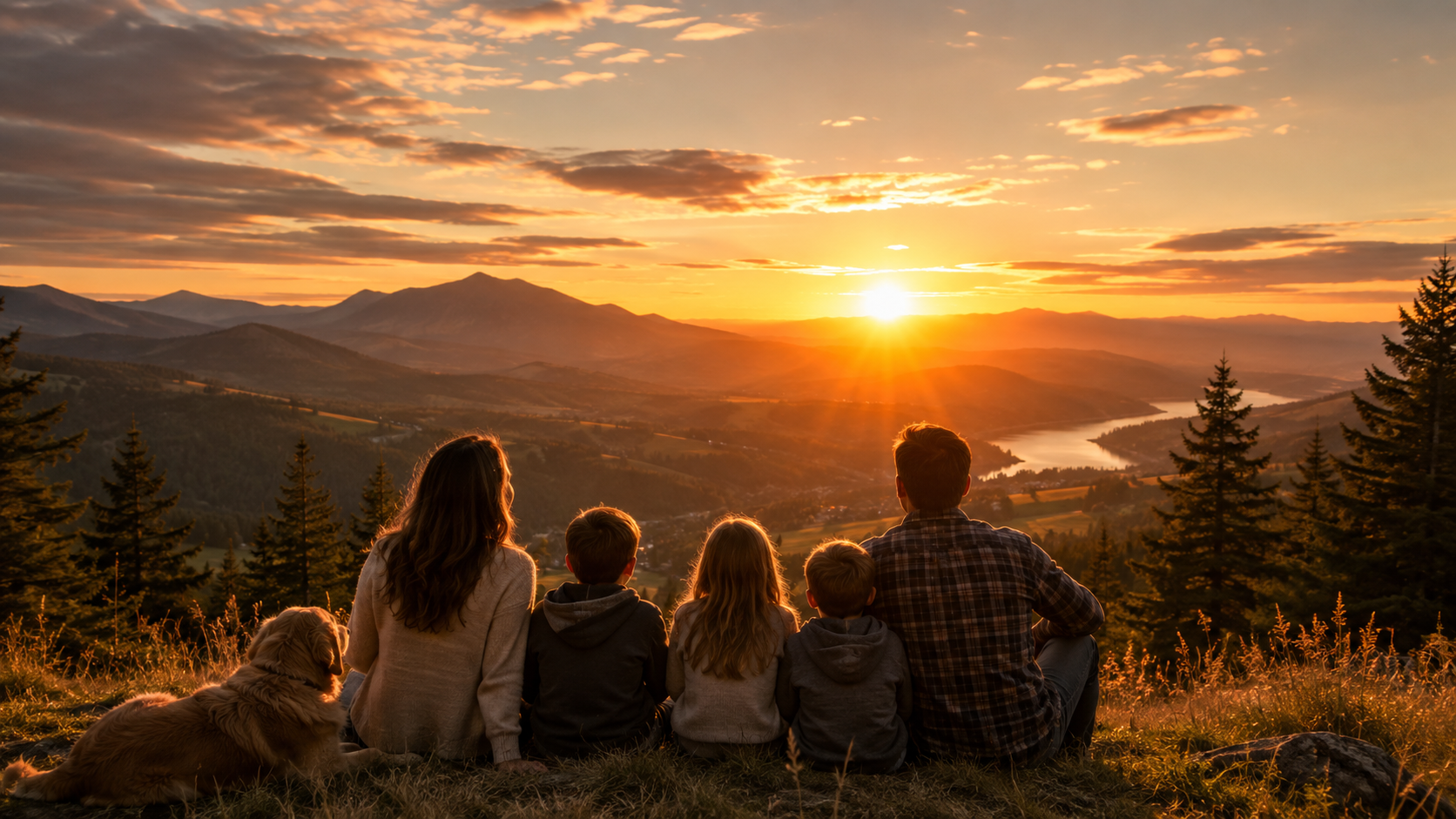 A family enjoying a sunset together at their home