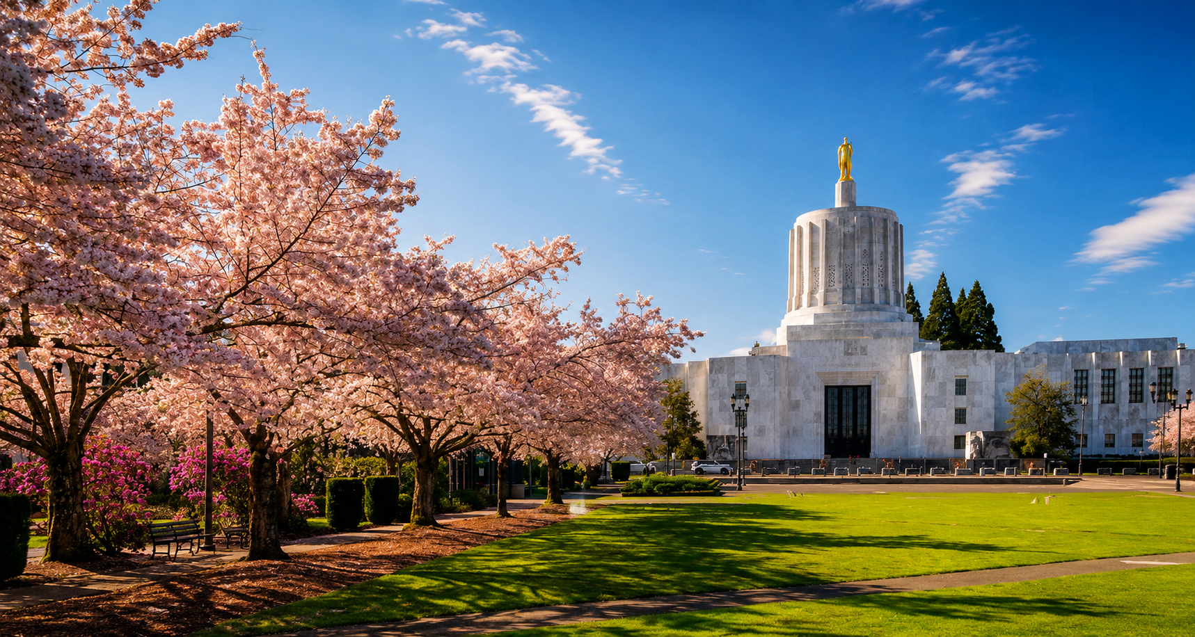 Oregon State Capitol framed by cherry trees in bloom