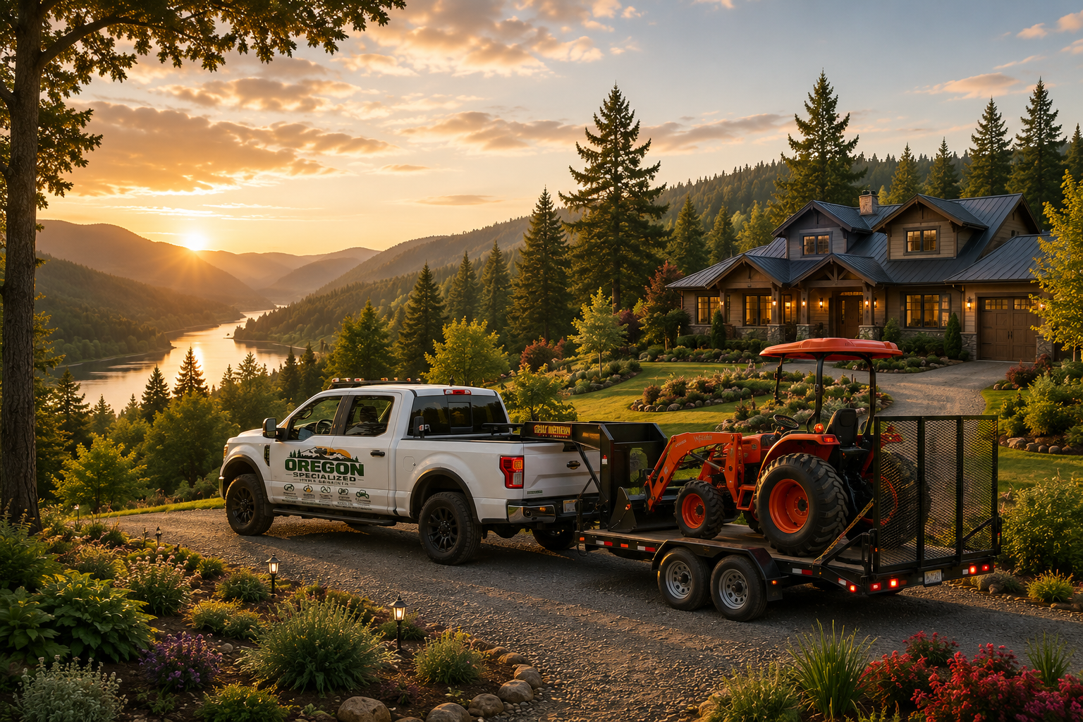 Oregon Specialized Home Services truck and tractor arriving at a rural Oregon home
